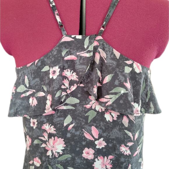 American Eagle 100% Modal Grey & Pink Floral Boho Ruffle Top sz S - Picture 3 of 6